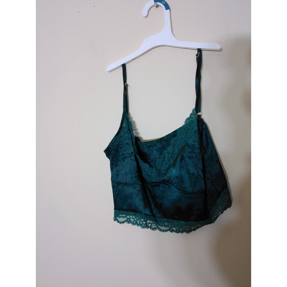 SHEIN Cami Top Women Medium Green Vtg Inspo Lace Trim Satin Floral Jacquard Cami